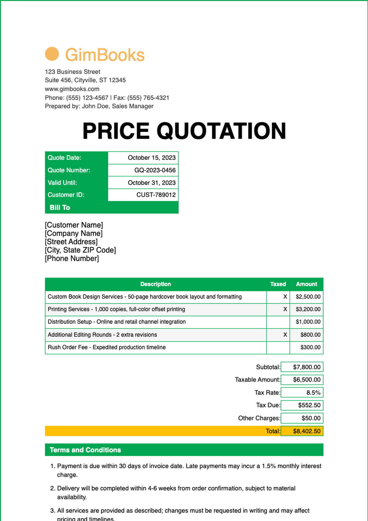 Professional business quote template with green header and tax breakdown_variant_3